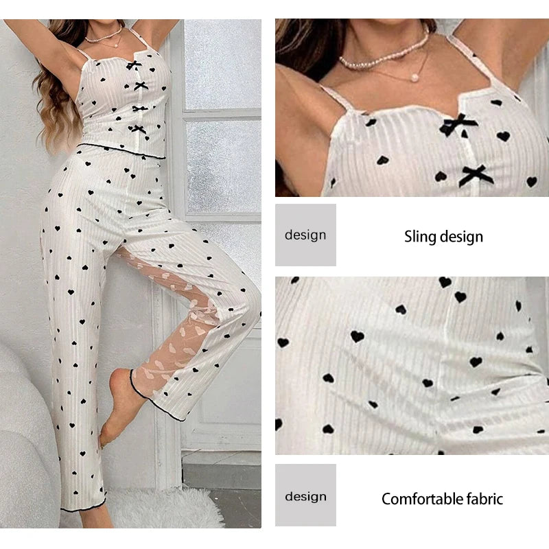 Conjunto de 2 piezas de encaje de malla transparente para mujer, Top de tirantes con estampado acanalado y pantalones, ropa de casa, pijama Sexy