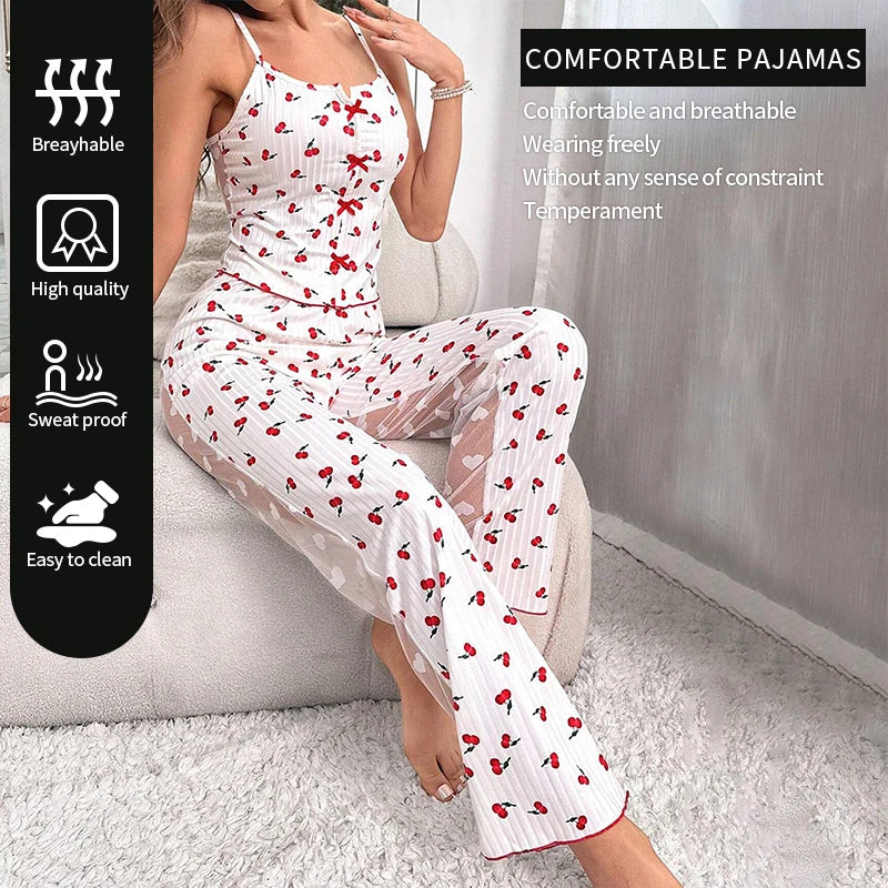 Conjunto de 2 piezas de encaje de malla transparente para mujer, Top de tirantes con estampado acanalado y pantalones, ropa de casa, pijama Sexy